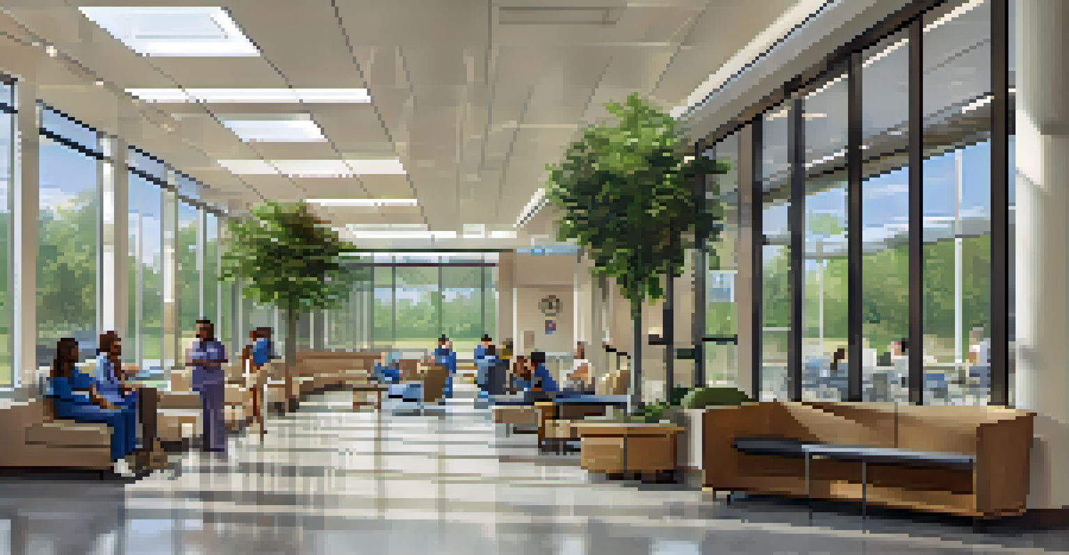 A bright and modern healthcare facility's waiting area with patients and staff in a welcoming setting.