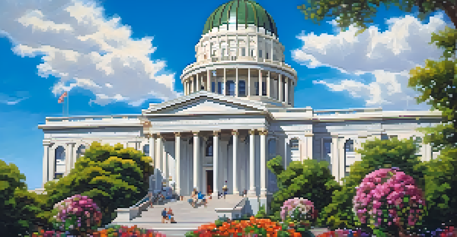 The Sacramento State Capitol building surrounded by greenery and flowers, with a film crew working nearby.