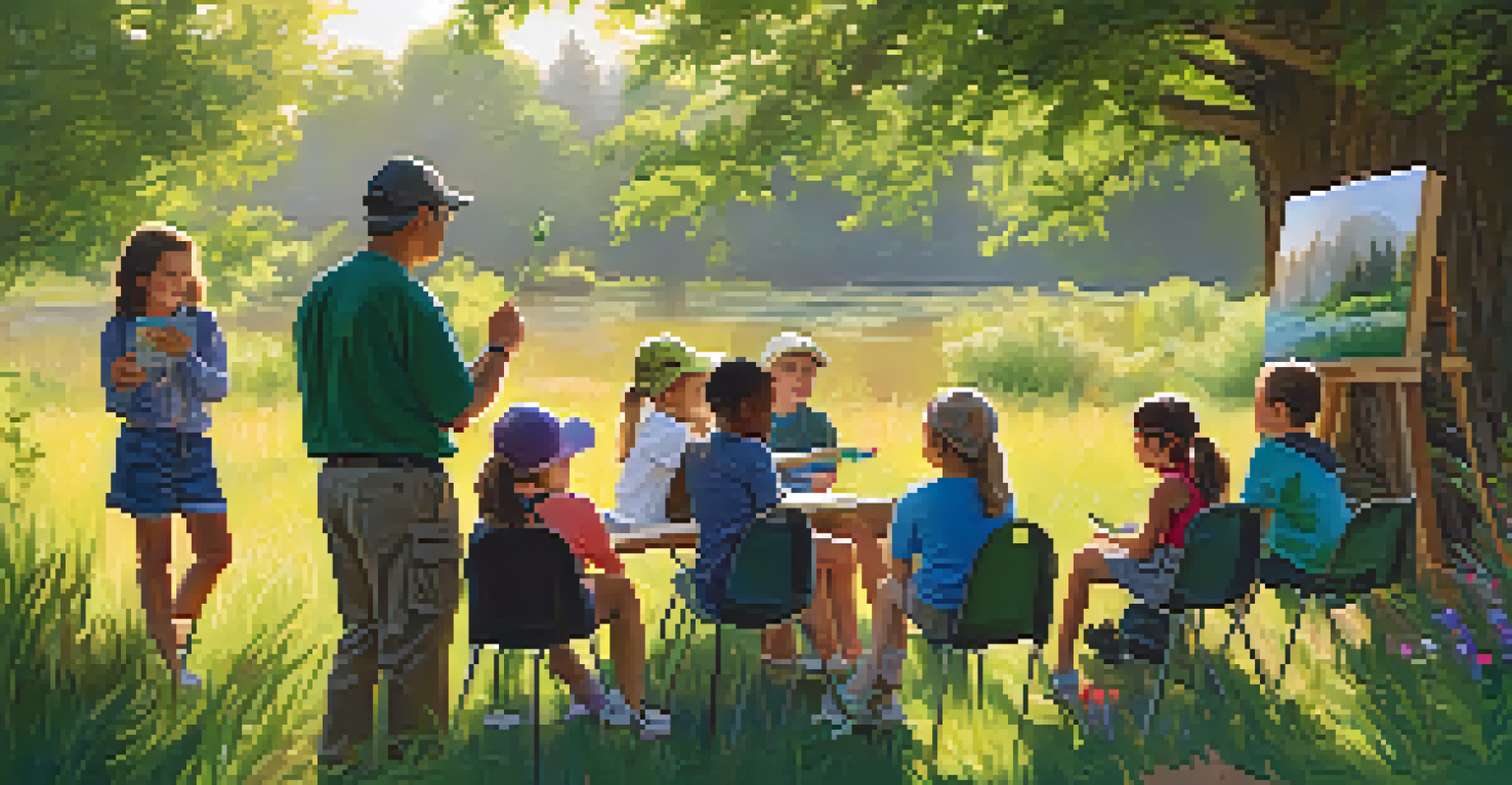 An outdoor educational workshop about biodiversity with children and adults learning from an instructor amidst nature.