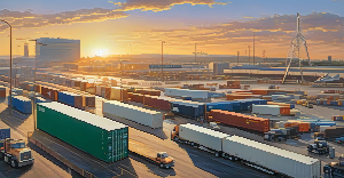 A busy logistics area in Sacramento with trucks, cargo containers, and transportation routes, illuminated by a sunset.