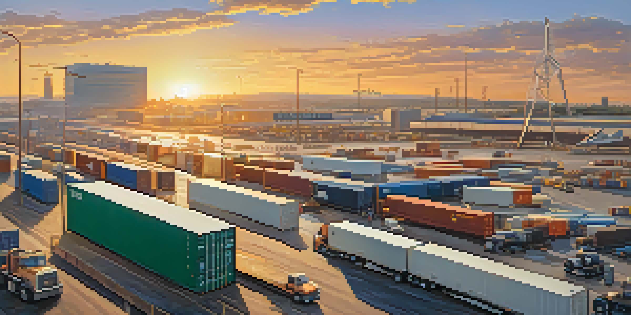 A busy logistics area in Sacramento with trucks, cargo containers, and transportation routes, illuminated by a sunset.