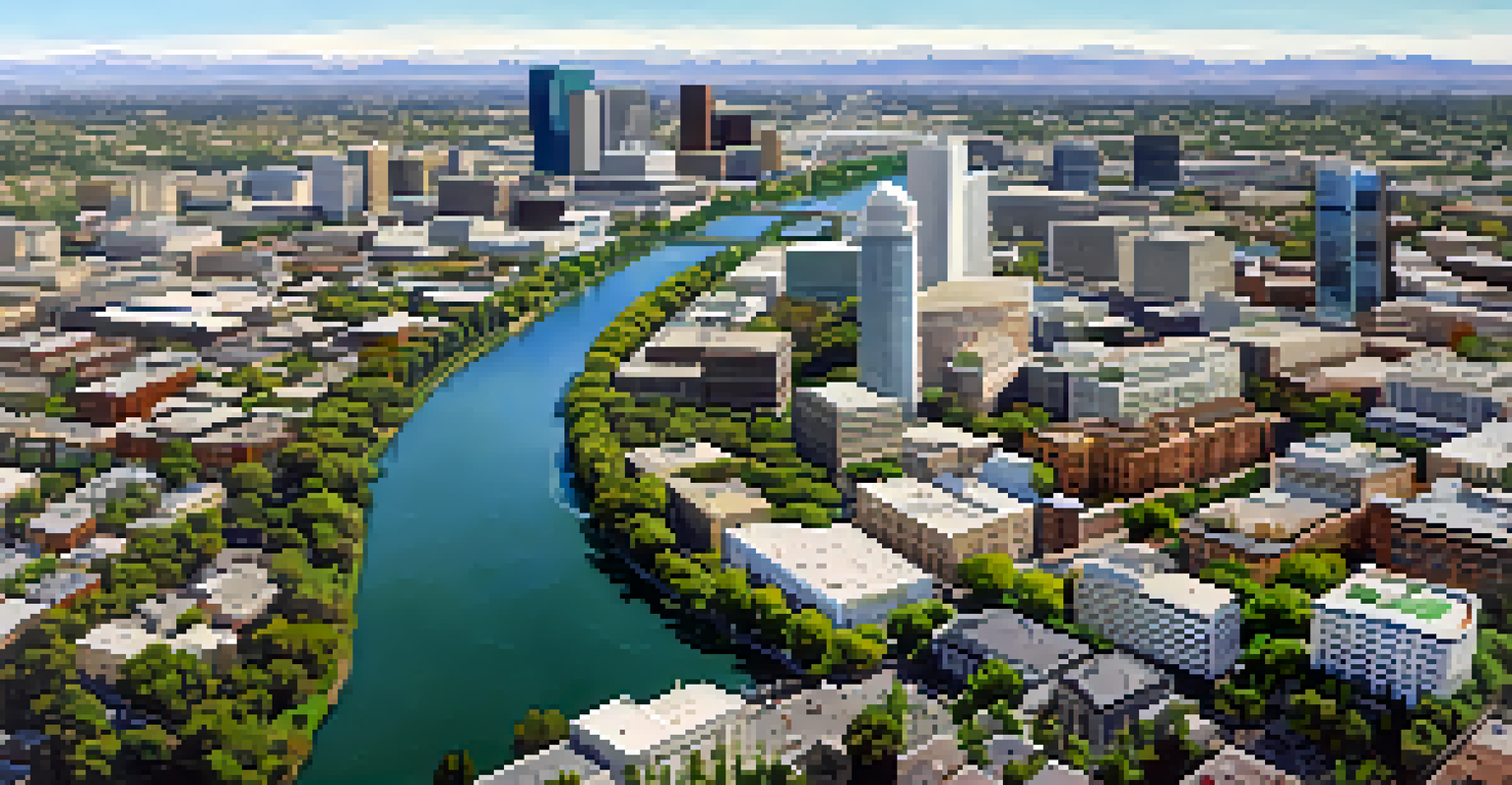 An aerial view of downtown Sacramento with the river, parks, and urban buildings.