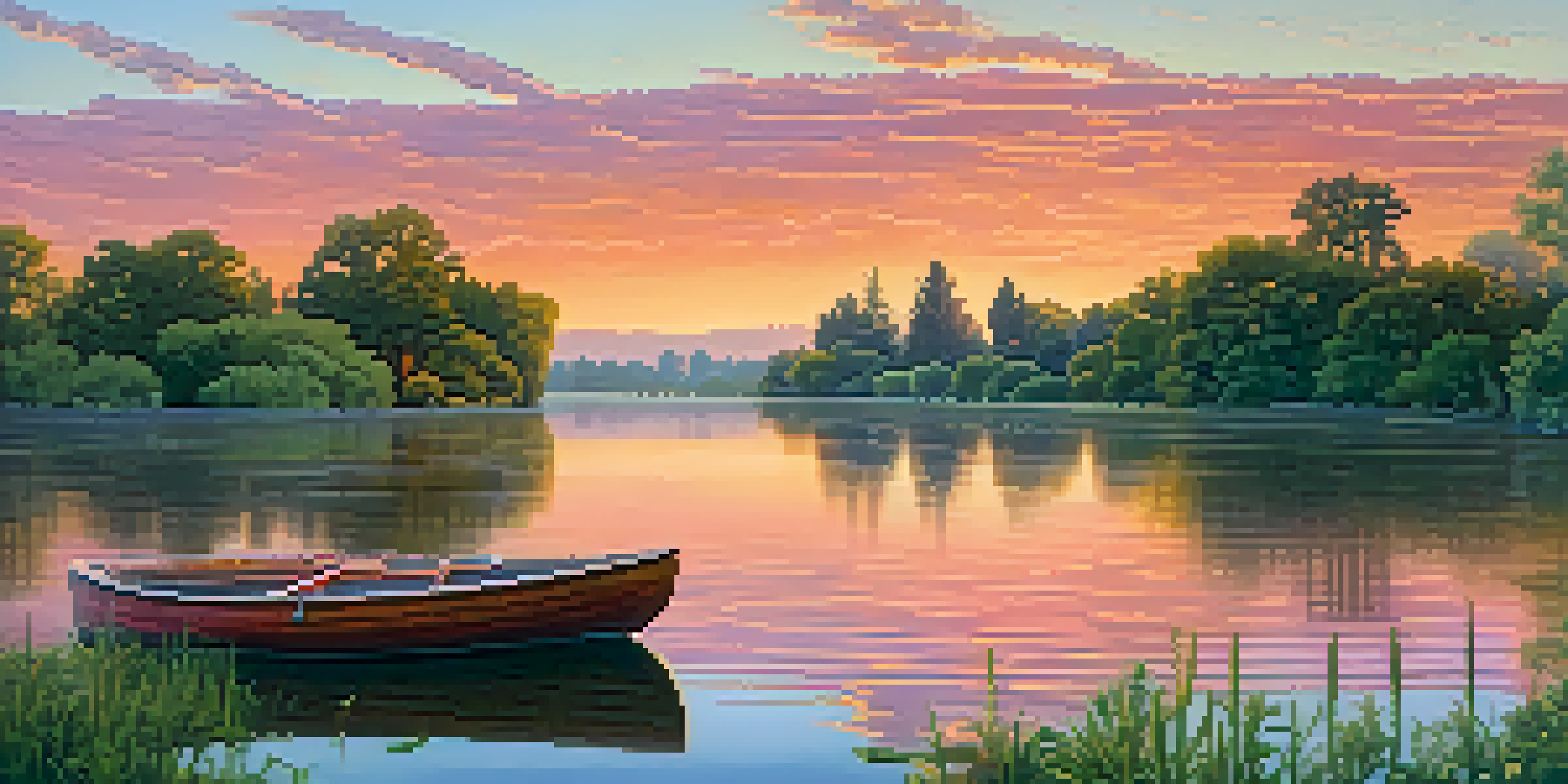 A sunset view of Sacramento with rivers, trees, and a boat.