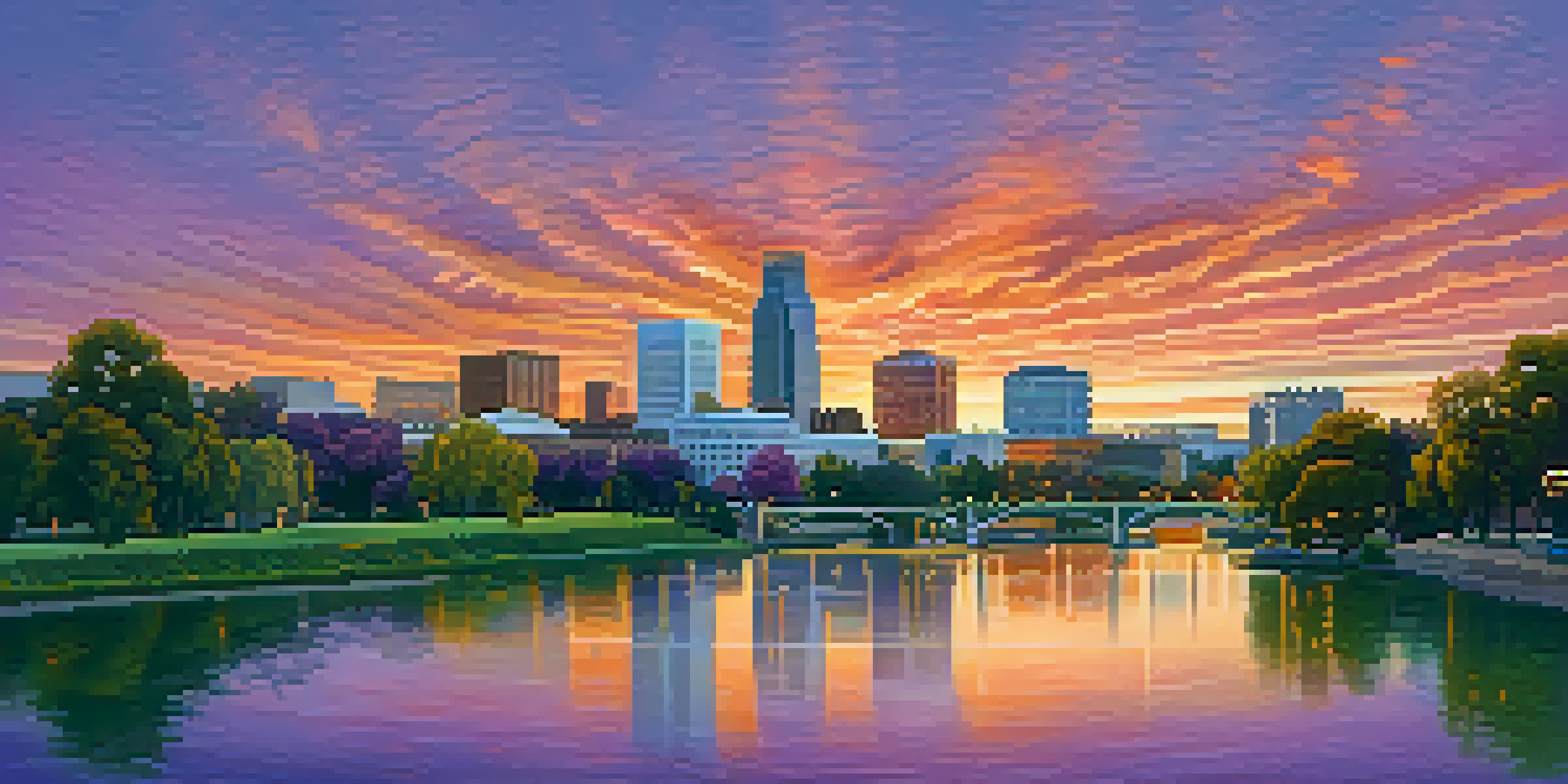 A scenic sunset view of Sacramento's skyline, featuring modern and historical architecture with a river in the foreground.