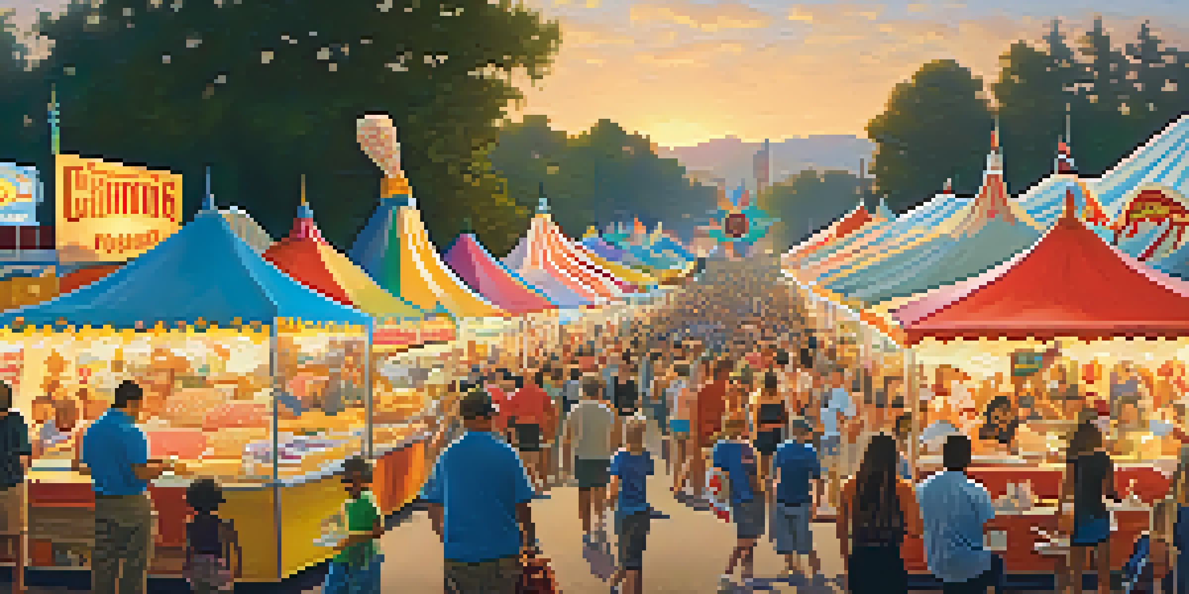 A lively crowd at the California State Fair surrounded by colorful food stalls under a warm sunset.