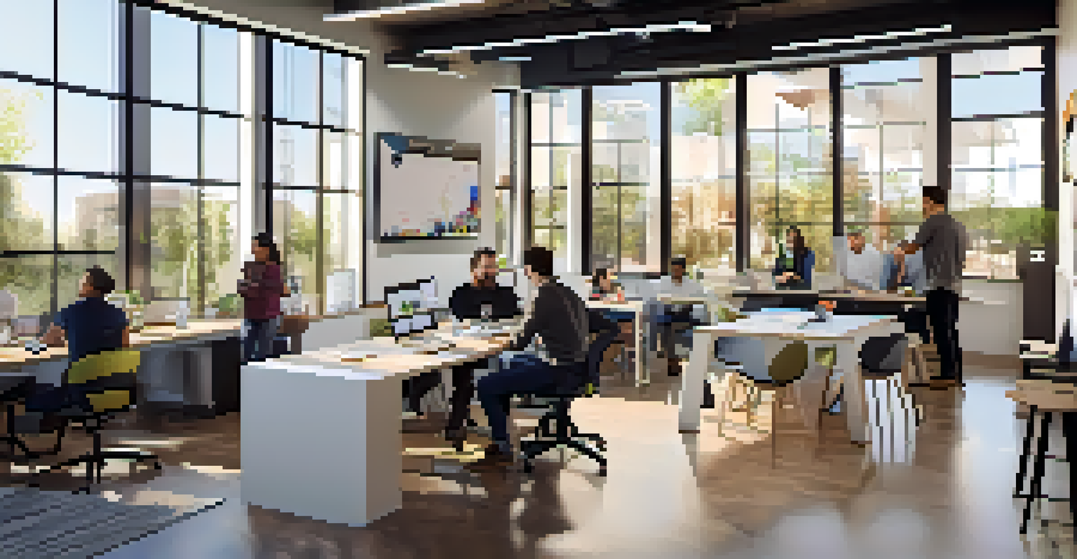 A modern tech startup office in Sacramento, showcasing diverse entrepreneurs collaborating in a bright, open workspace filled with tech gadgets and motivational decor.
