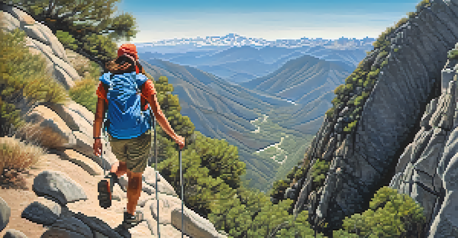 A hiker climbing Mount Lola Trail with rocky paths and beautiful mountain views in the background.