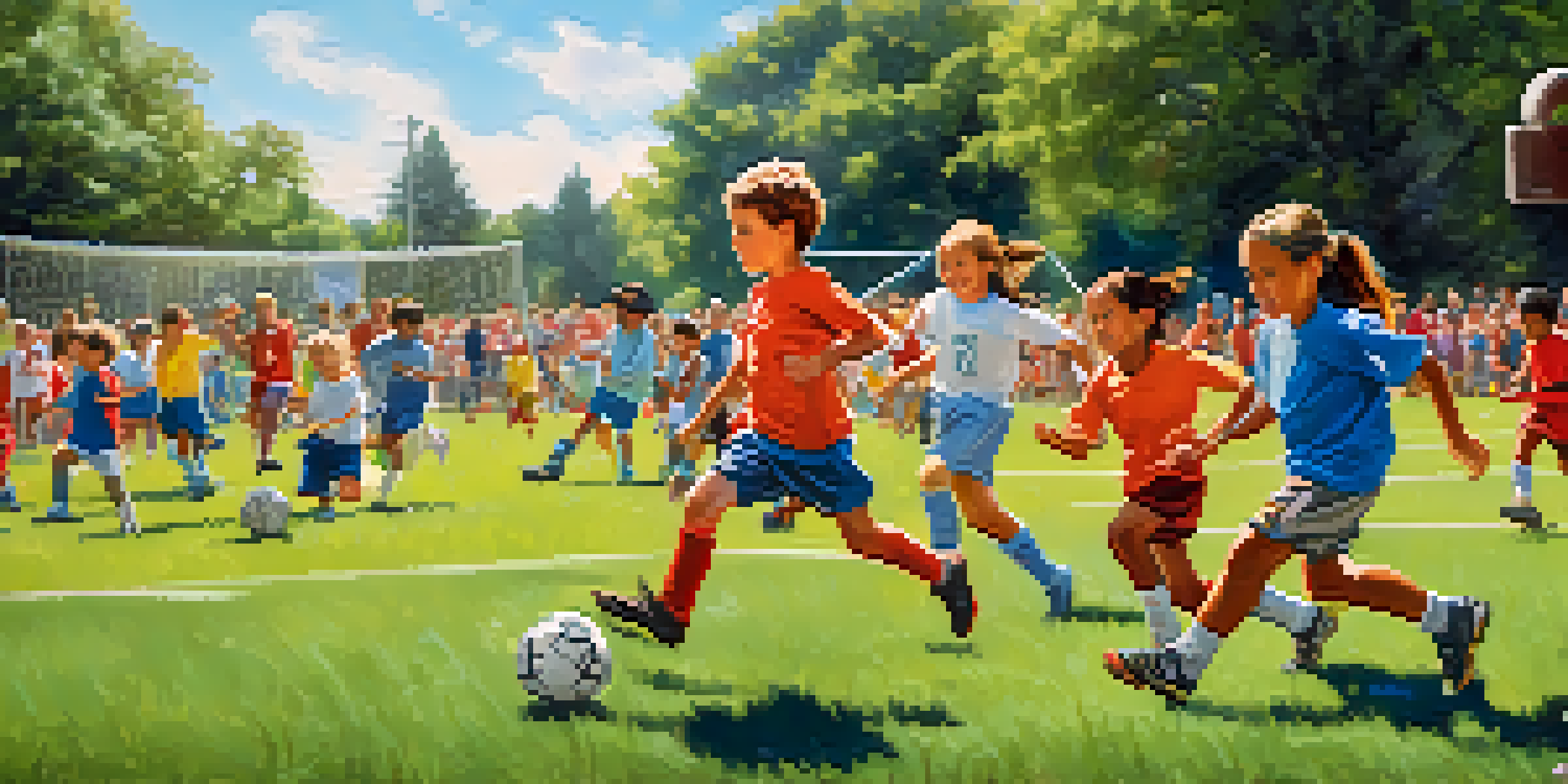 A lively youth soccer game in Sacramento with diverse children playing, parents cheering, and colorful team banners in the background.