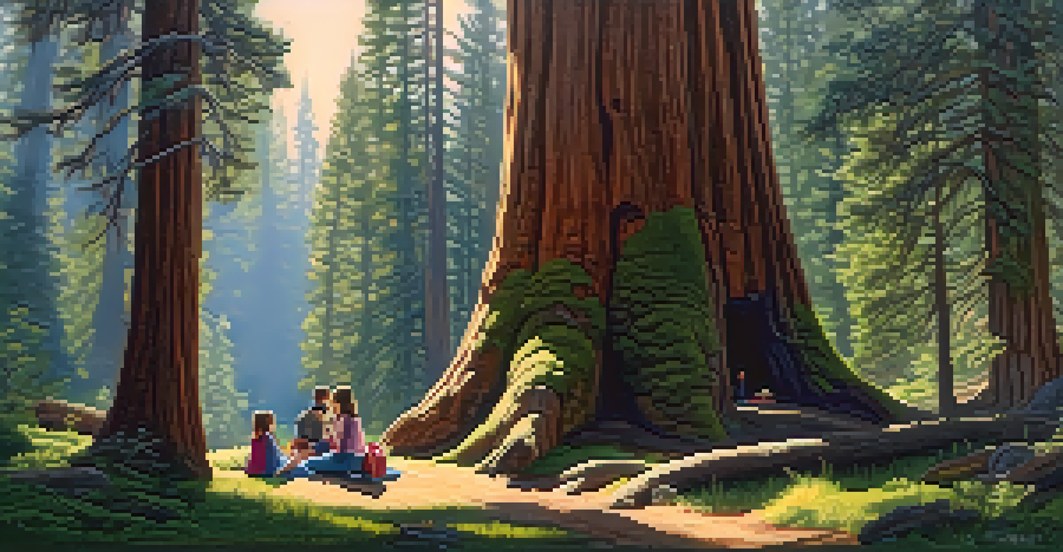 A large sequoia tree in a forest setting with sunlight filtering through the leaves, and a family having a picnic underneath.