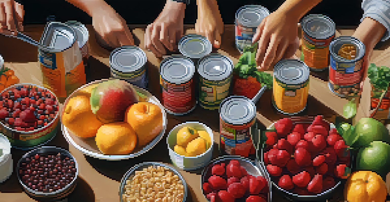 Close-up of volunteers' hands organizing food items on a table, highlighting teamwork and collaboration in community service.