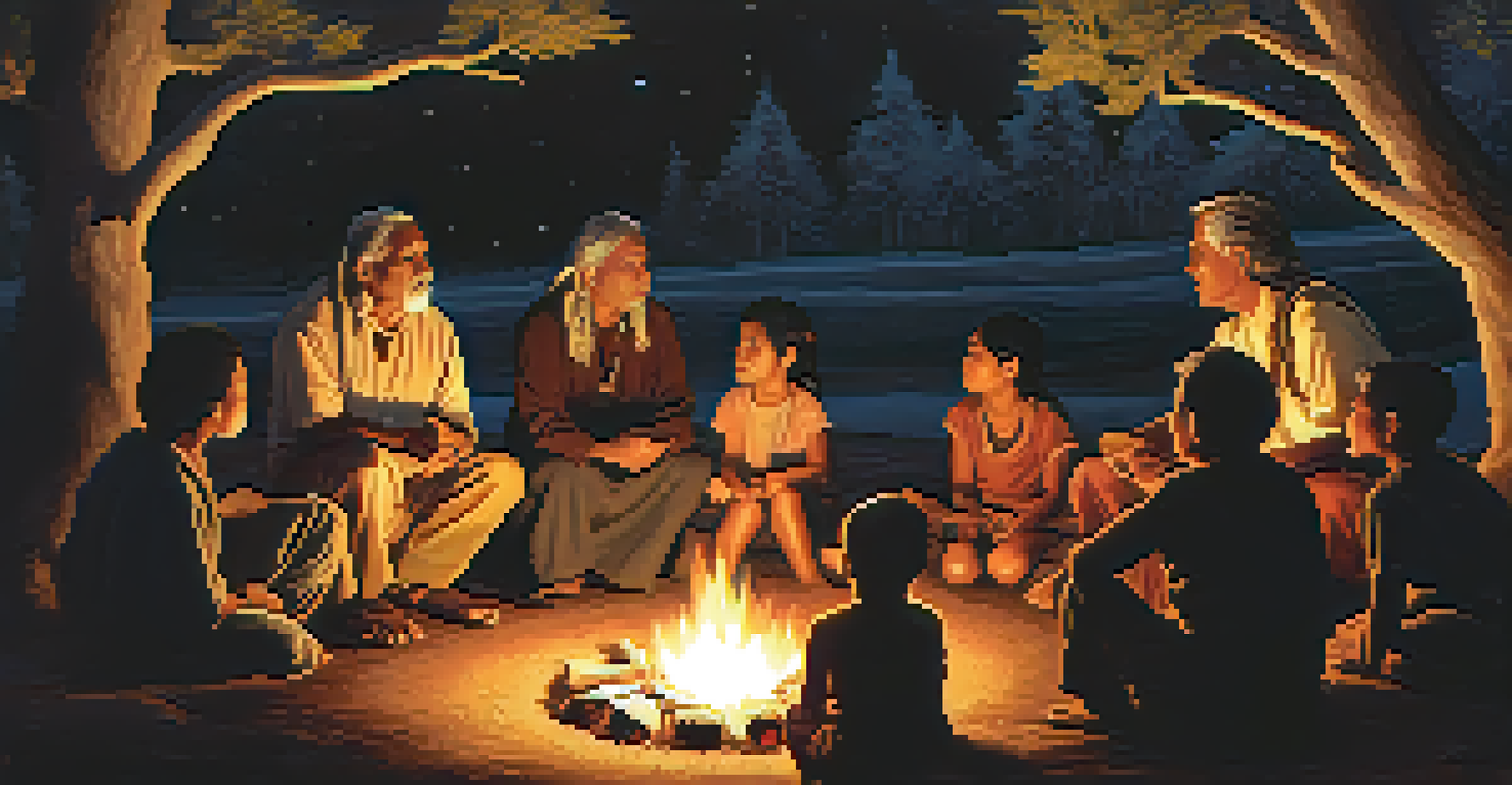 Indigenous elders sharing stories around a fire with children, set in a natural environment at night.