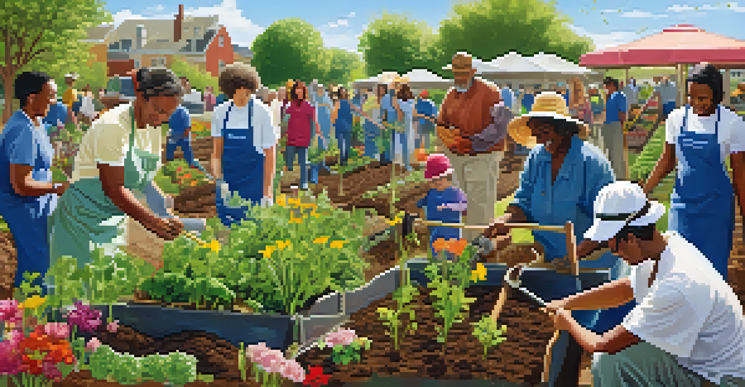 Individuals from diverse religious backgrounds working together to plant a community garden, smiling and collaborating in a sunny outdoor setting.