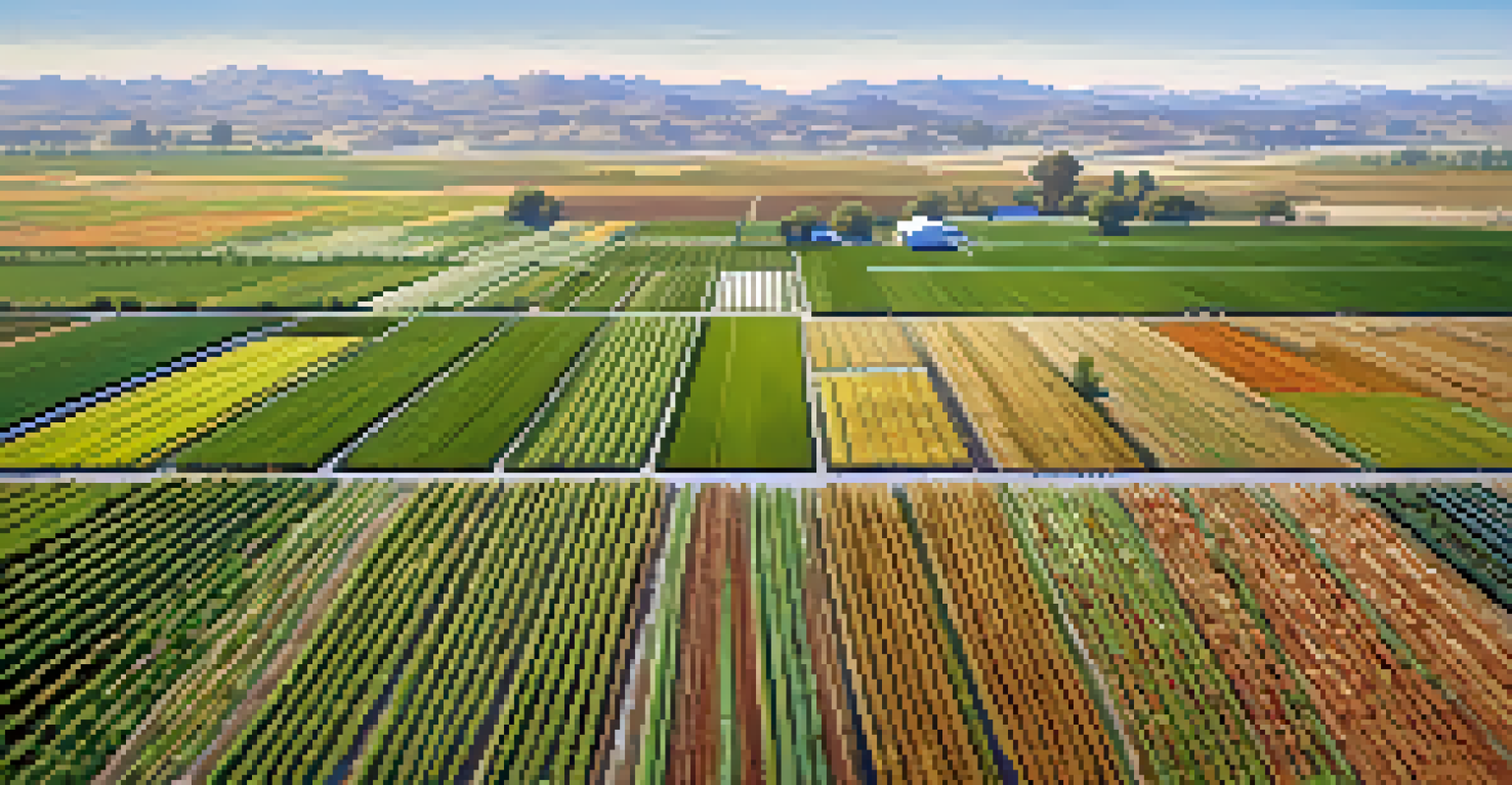 An aerial view of Sacramento Valley's agricultural landscape with green fields of crops, tractors, and distant hills under a bright blue sky.