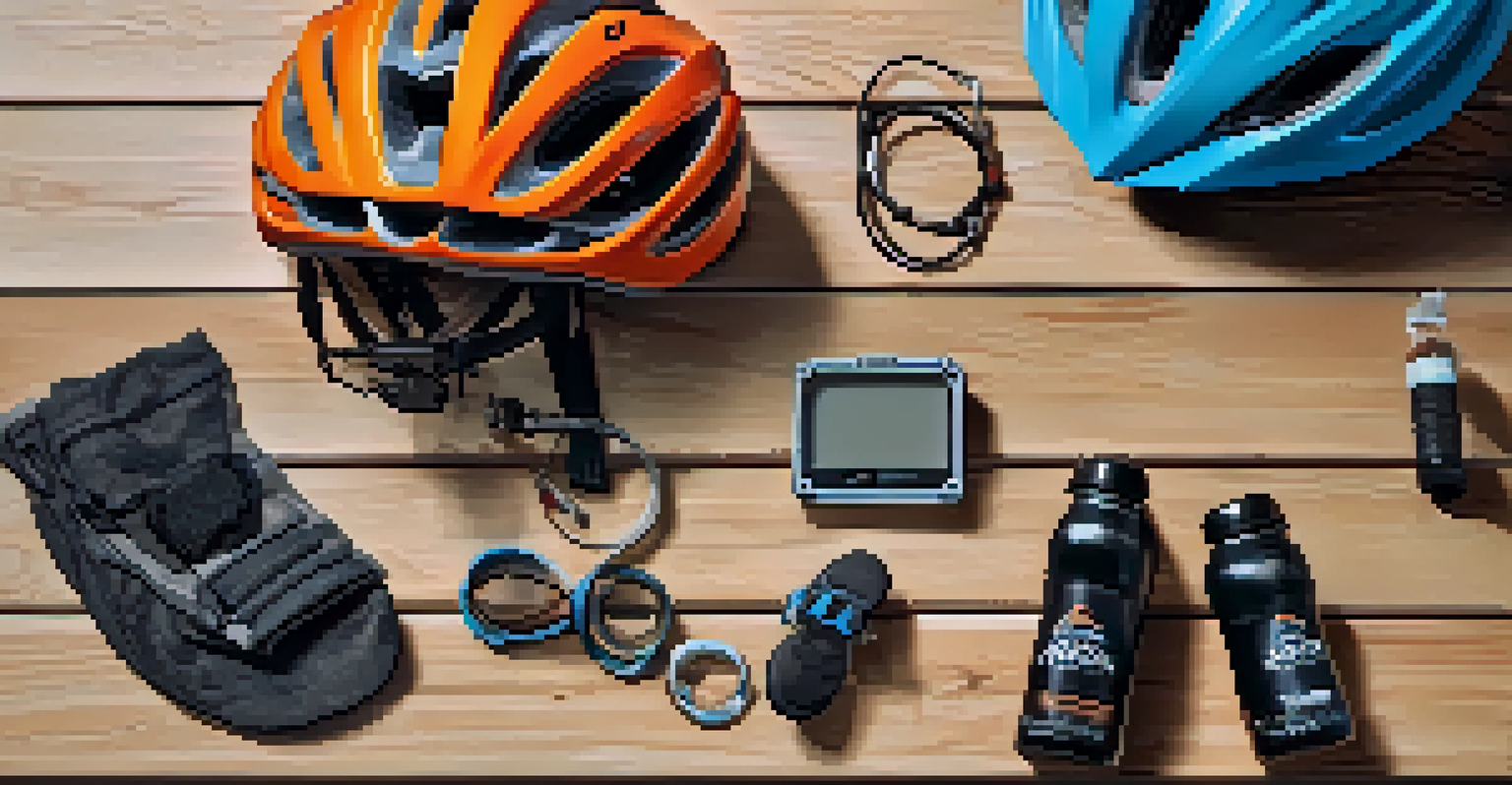 Essential biking gear including a helmet, cycling shorts, shoes, a water bottle, and a repair kit.