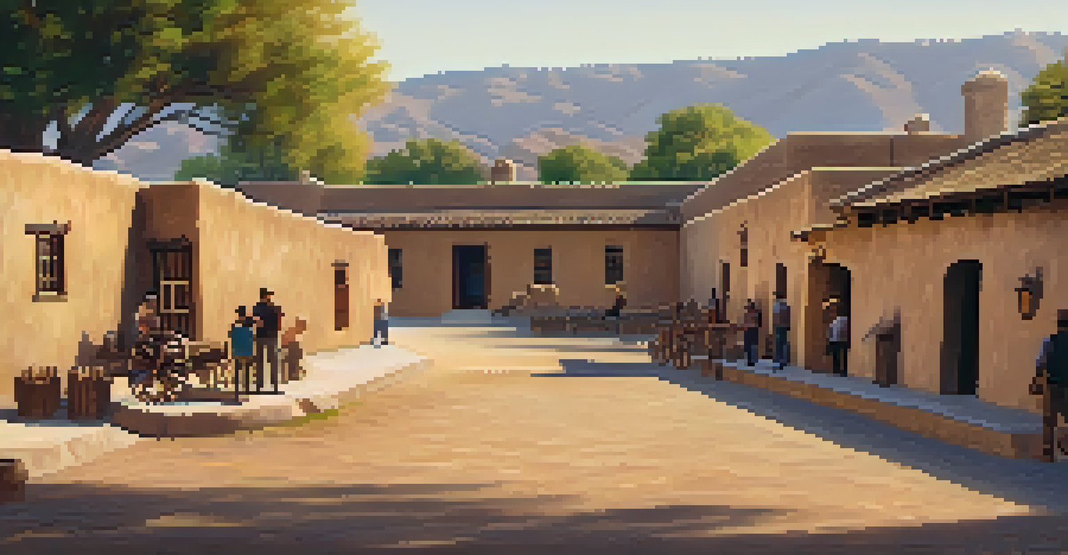 A detailed view of Sutter's Fort with adobe walls and greenery, showcasing visitors engaging with historical exhibits.