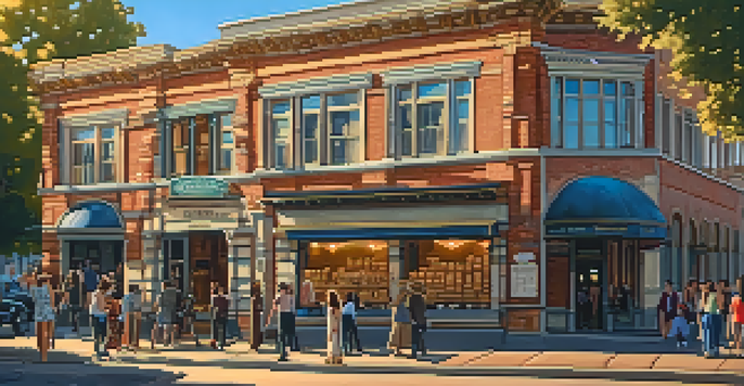 A historic building in Sacramento, showing classic architecture with warm sunlight and people strolling by on a cobblestone street.