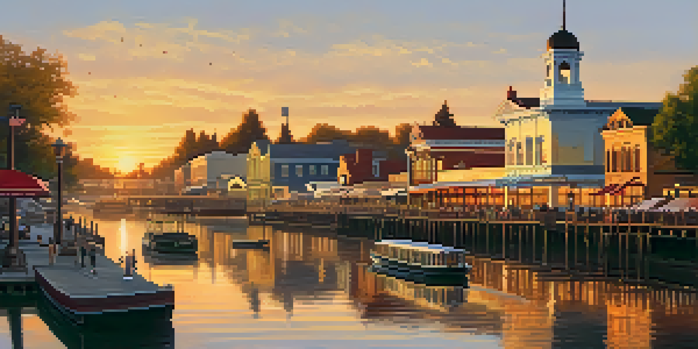 A sunset view of Old Sacramento's historic waterfront with Victorian buildings and boardwalks filled with people.