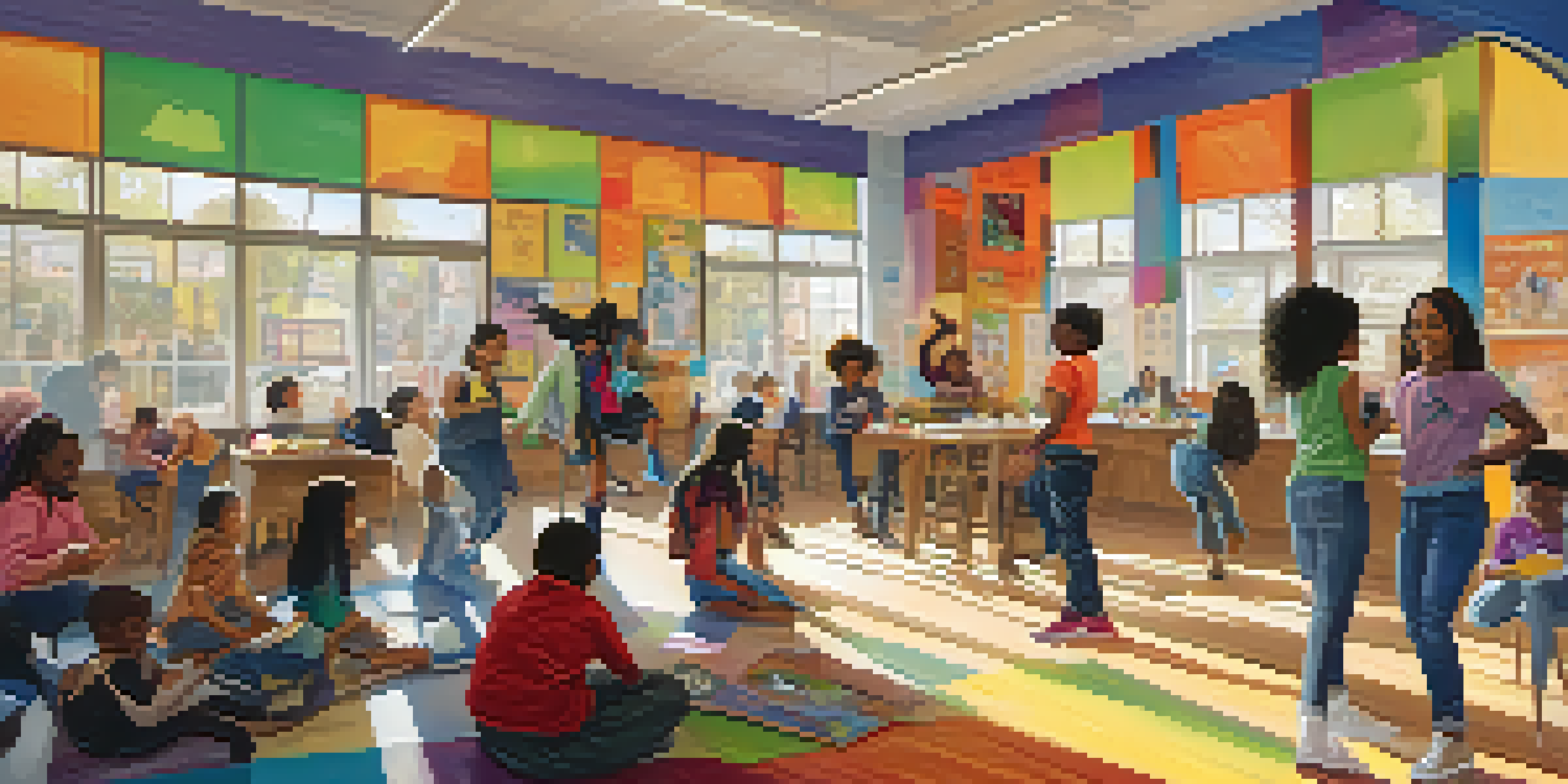 A lively community center in Sacramento filled with diverse young people participating in educational and artistic activities.
