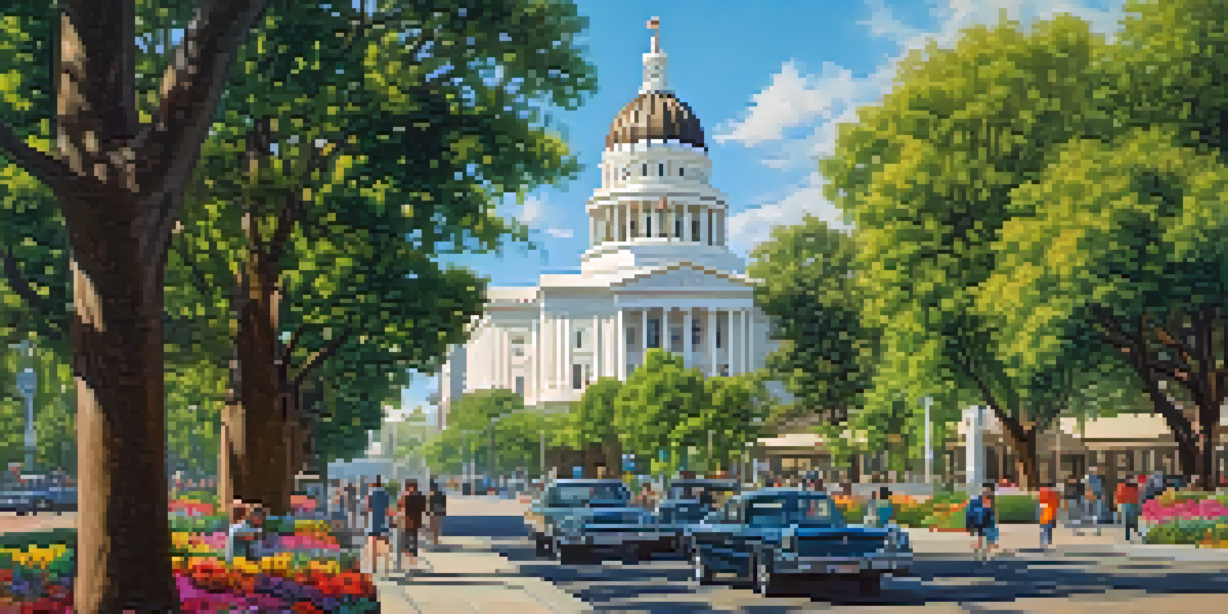A vibrant city scene in Sacramento featuring the California State Capitol amidst blooming flowers and greenery, with people of various backgrounds enjoying the surroundings.