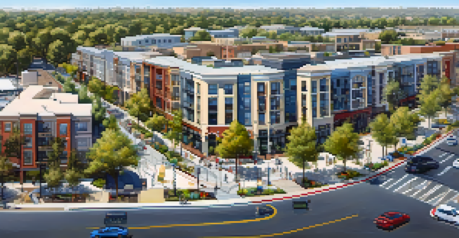 An aerial view of a mixed-use development in Sacramento showcasing residential and commercial areas near the railway.