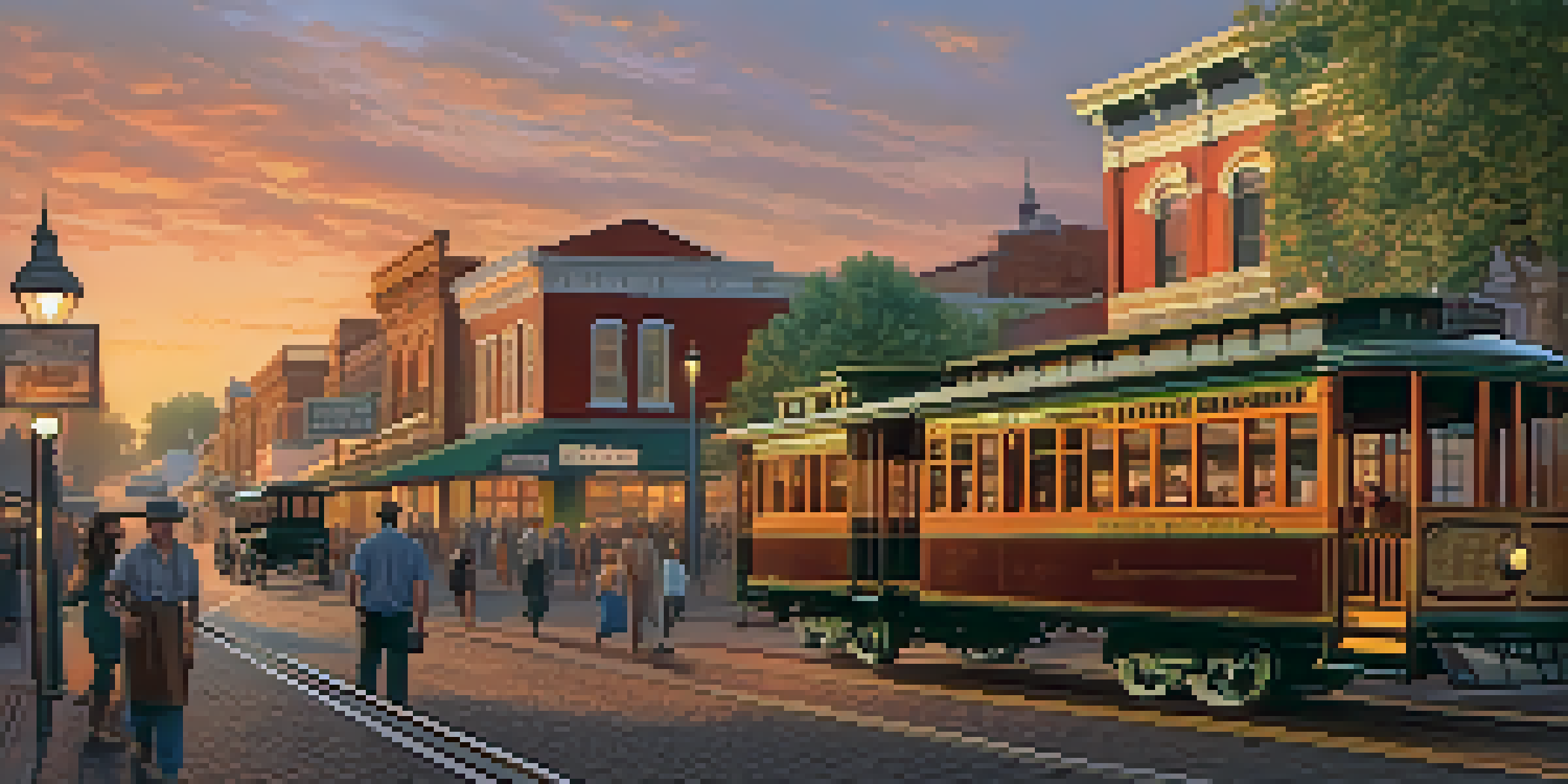 A picturesque view of Old Sacramento at sunset, featuring vintage architecture and a bustling street filled with people.
