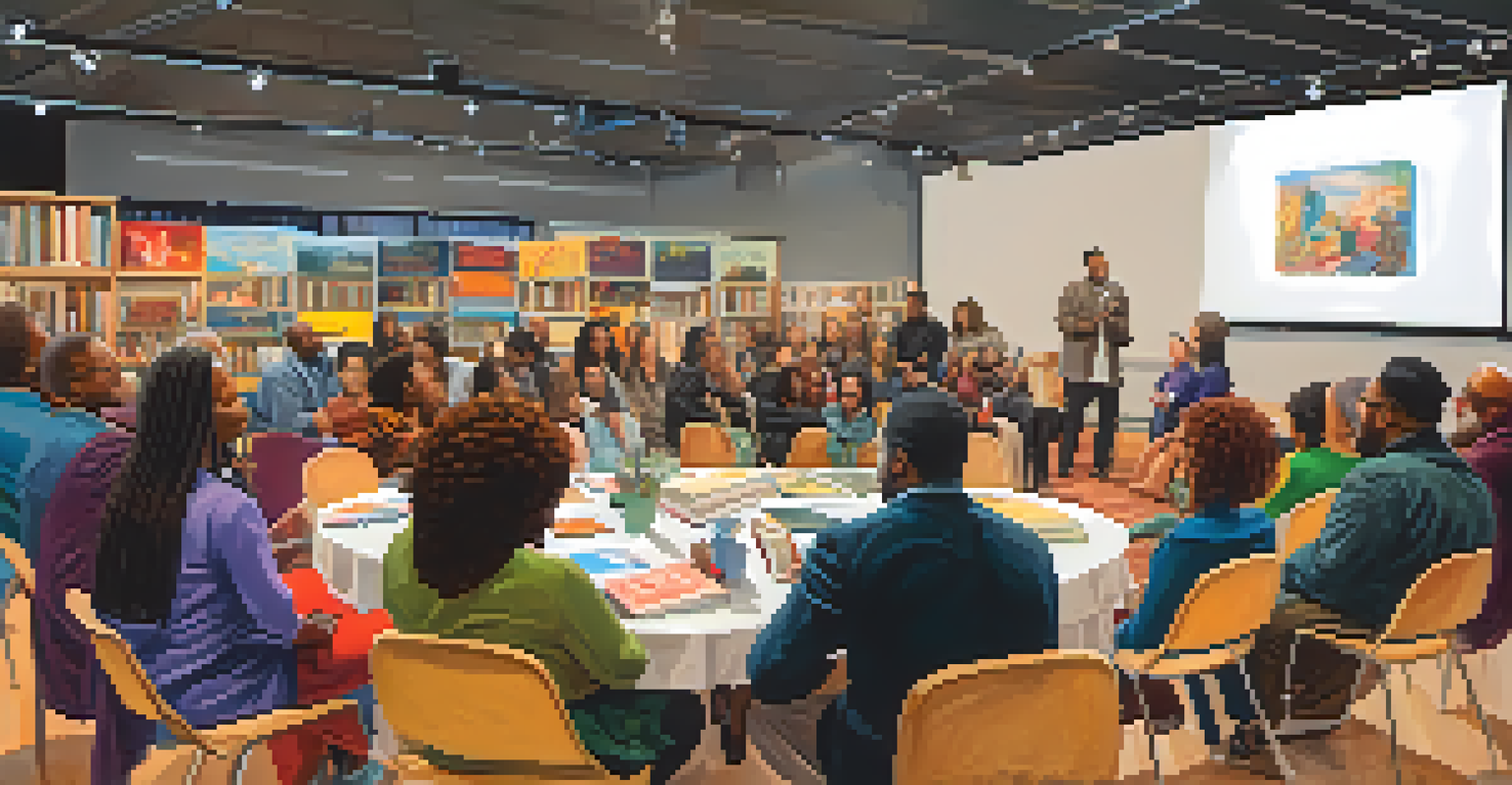 A panel discussion at a book fair featuring diverse authors speaking to an audience in a cozy indoor venue, surrounded by books and art.