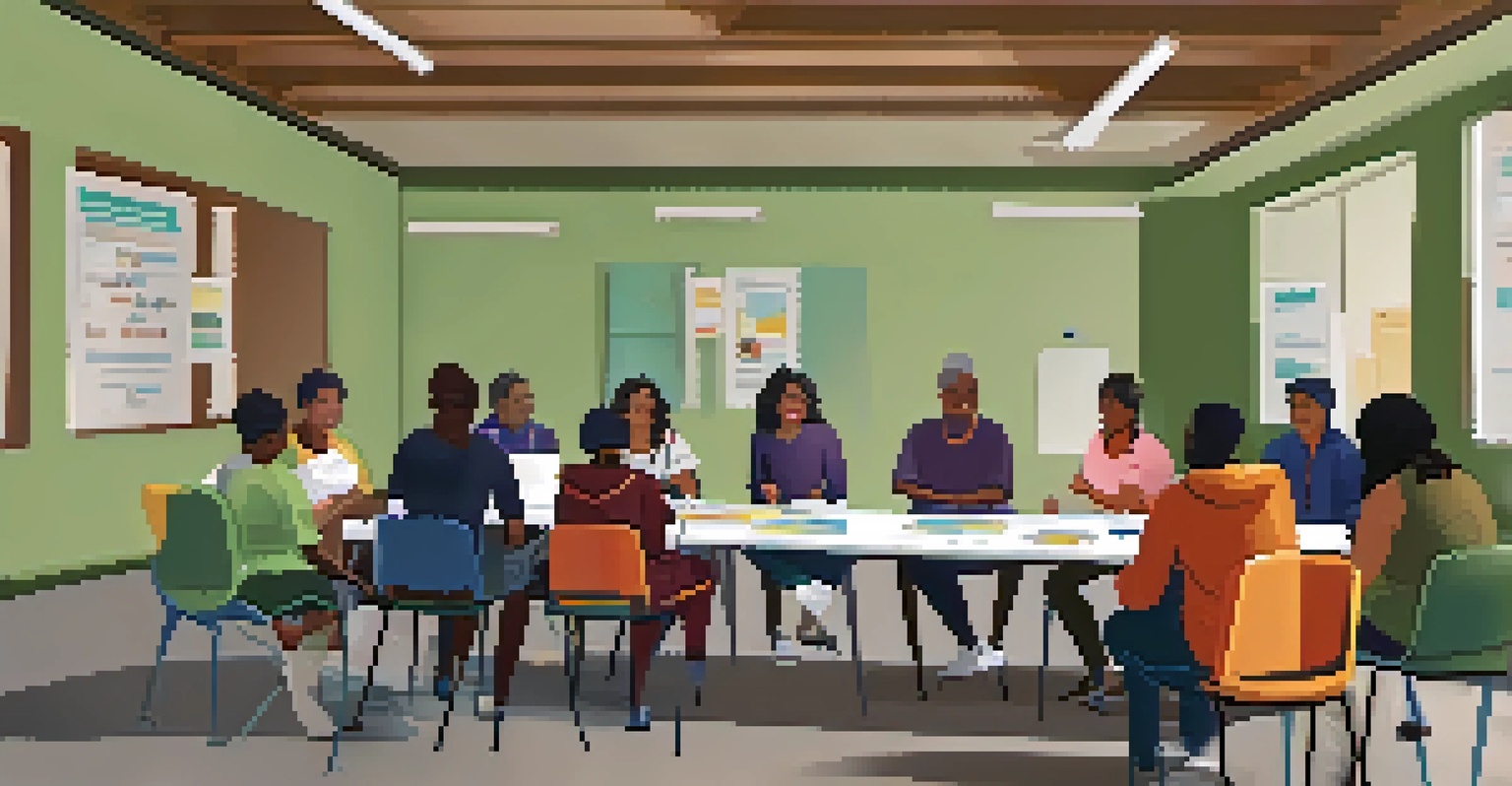 A community workshop focused on mental health awareness, with participants actively discussing and engaging with the material.