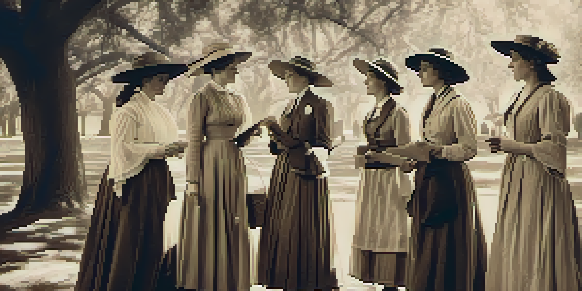 A group of women in vintage clothing discussing women's voting rights under an oak tree in 19th century Sacramento.