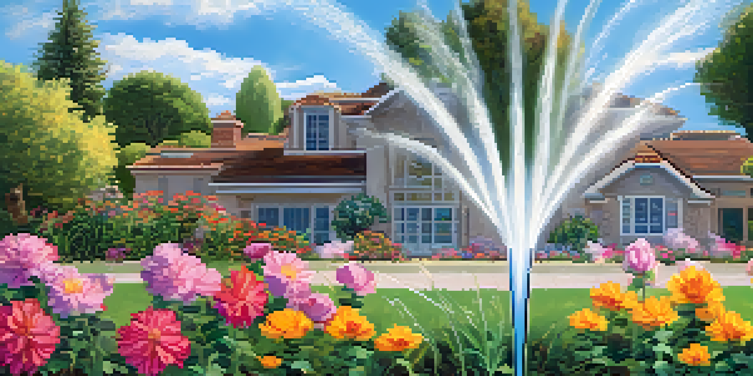 A close-up view of a smart irrigation system in a residential garden, showcasing sensors and vibrant flowers under a clear blue sky, demonstrating efficient watering practices.