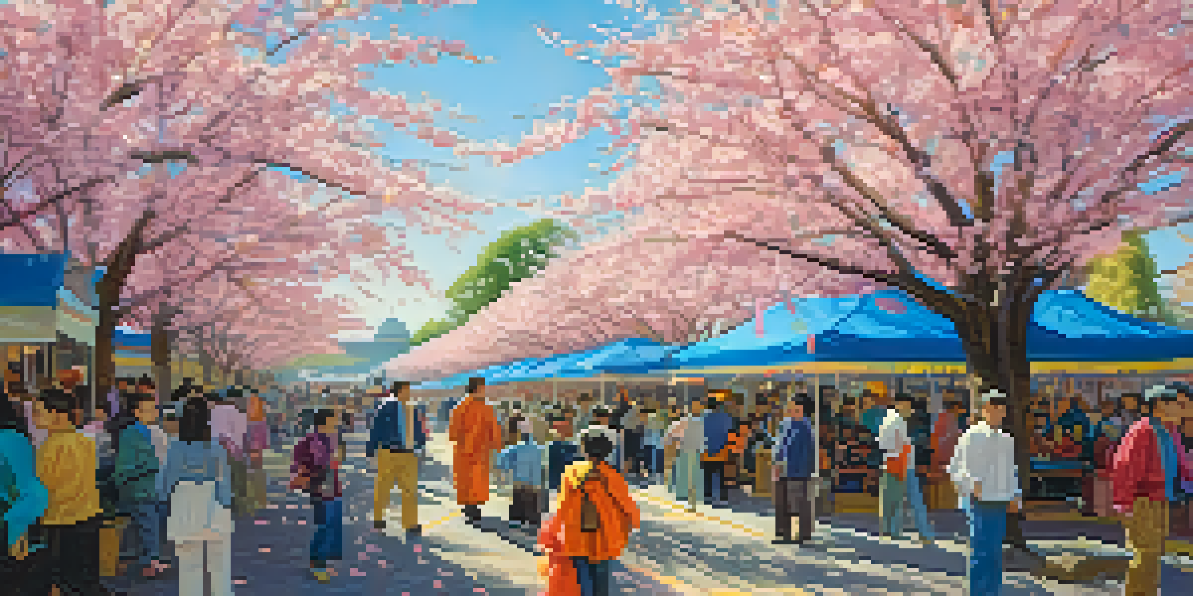 Families enjoying the Sakura Matsuri Cherry Blossom Festival under blooming cherry trees, with festival stalls in the background.