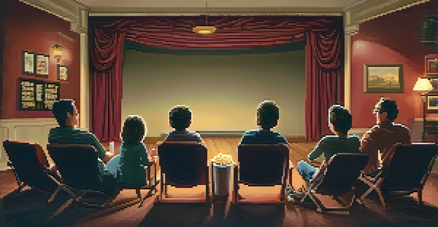 Families sitting in a vintage theater, enjoying popcorn while watching a classic family film in a cozy setting.