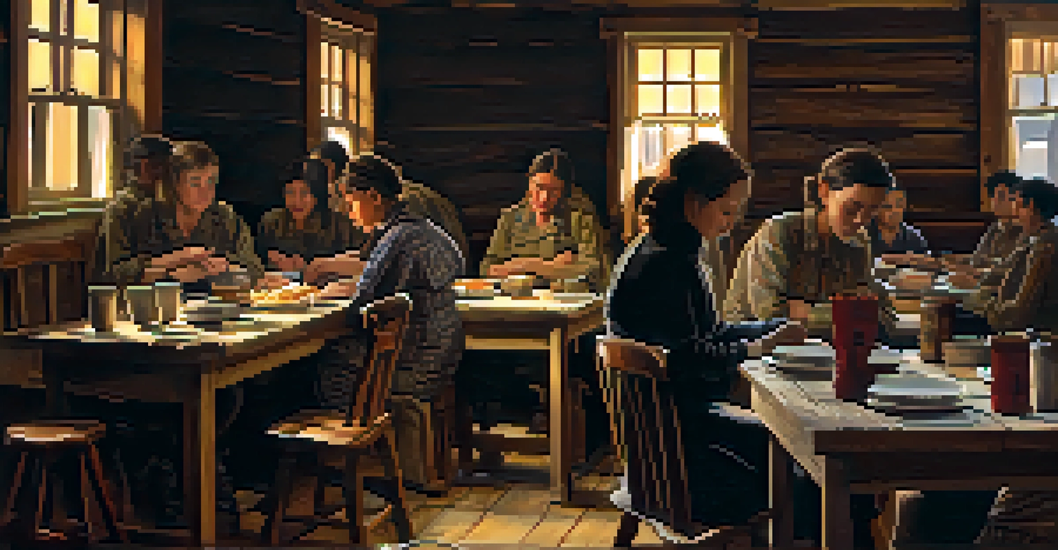 Interior of a boarding house in Sacramento during the Civil War, showing soldiers and women interacting.