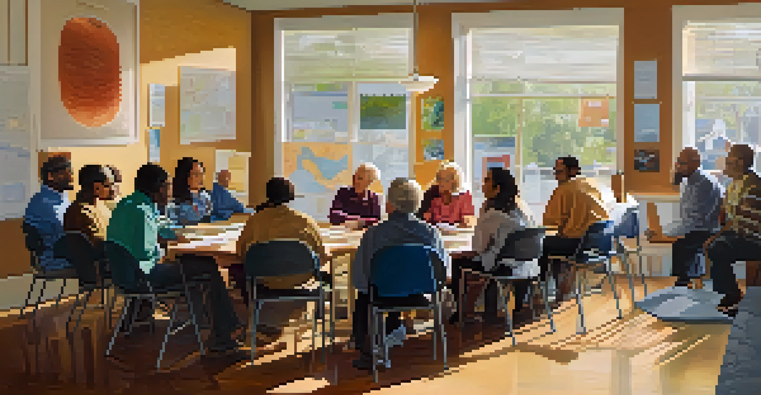 A community meeting in Sacramento with diverse participants discussing local issues, surrounded by charts and natural light from a window.
