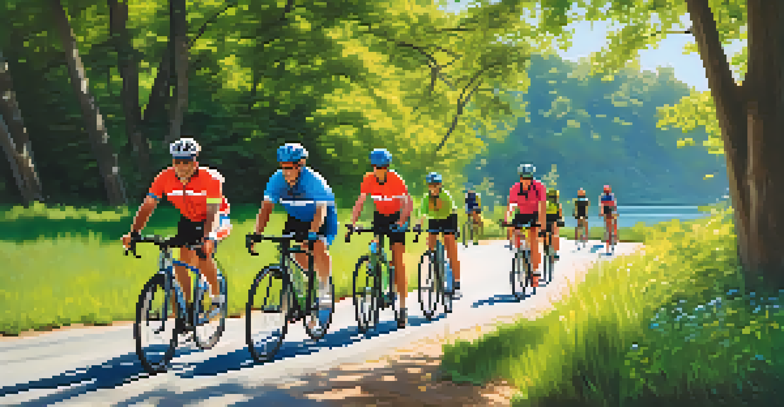 A group of cyclists riding along a river trail, with green banks and blue skies in the background.