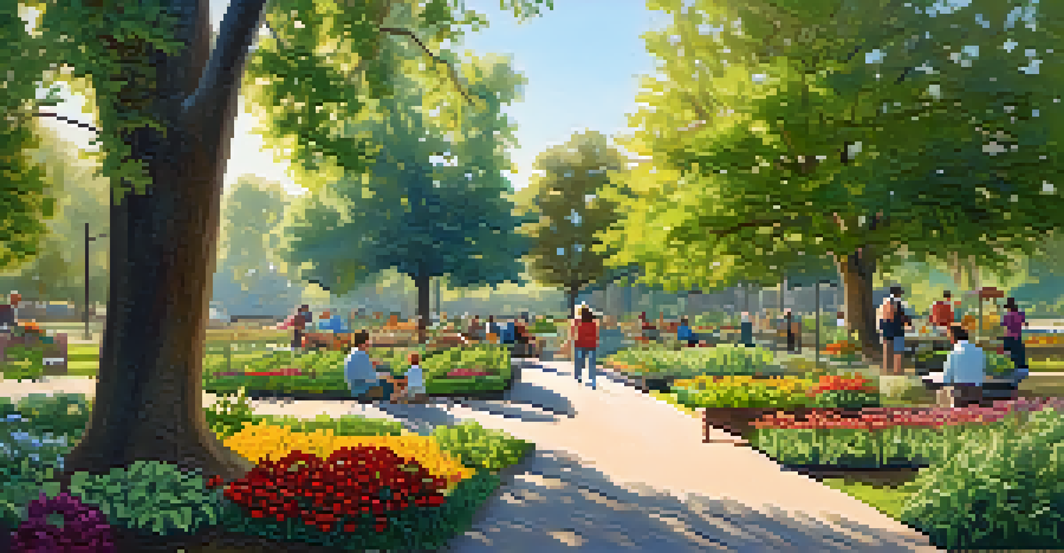 A community garden in a park with people gardening and enjoying a picnic under the trees.
