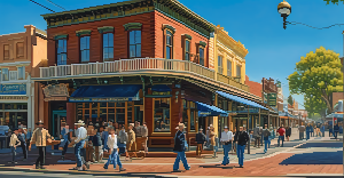 A vibrant scene of Old Sacramento with wooden sidewalks and historic architecture, filled with people enjoying the area.