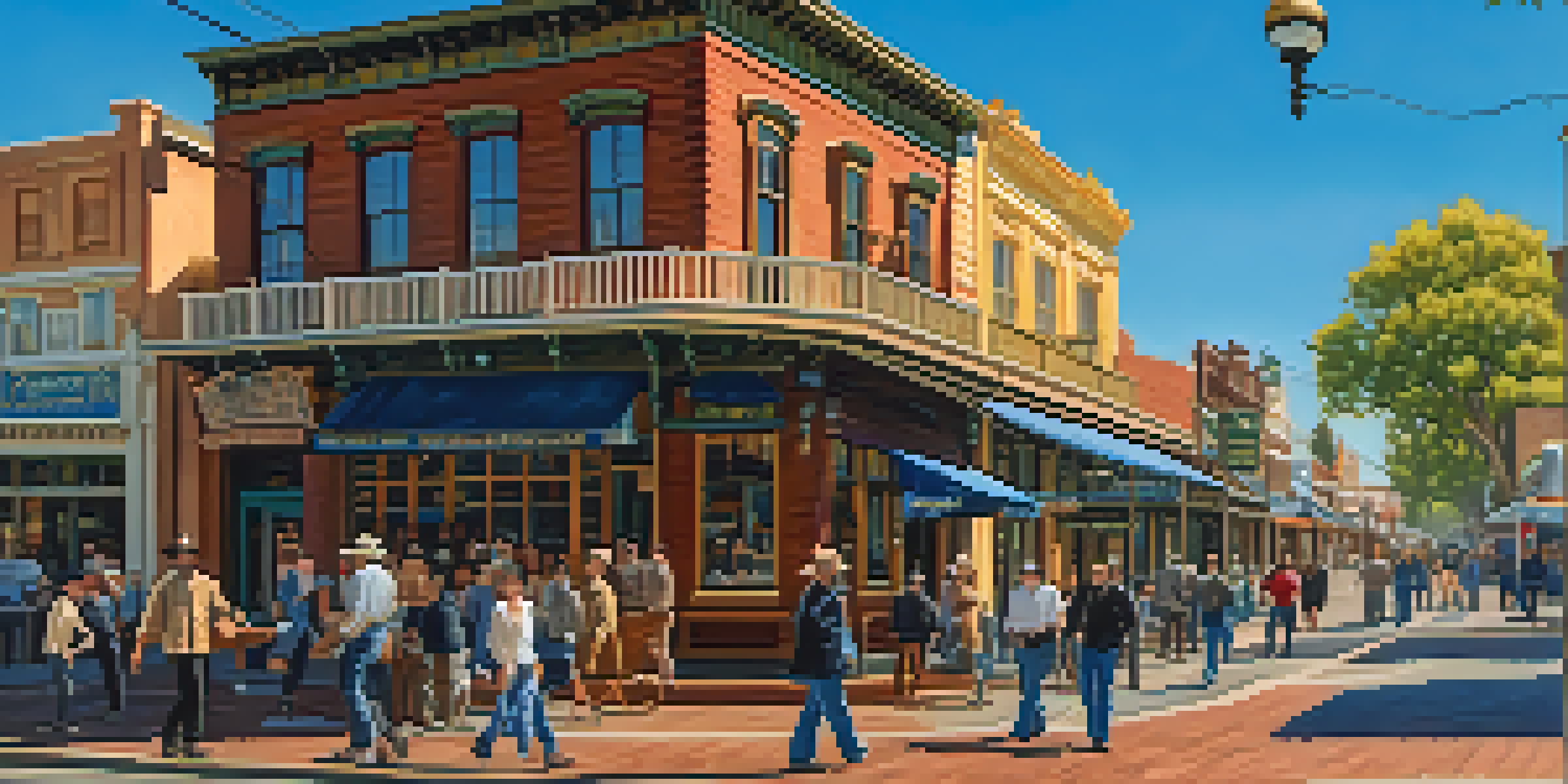 A vibrant scene of Old Sacramento with wooden sidewalks and historic architecture, filled with people enjoying the area.