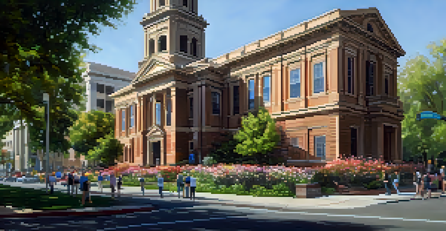 Exterior view of First Congregational Church with community members gathered outside on a sunny day.
