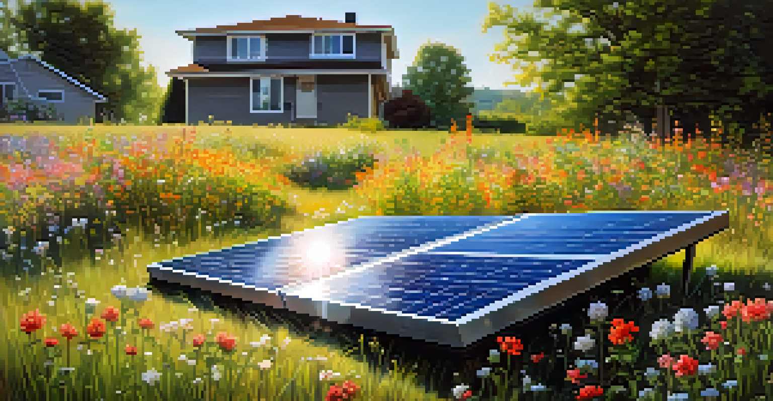 A close-up of a solar panel reflecting sunlight, surrounded by colorful wildflowers and a blurred suburban neighborhood in the background.