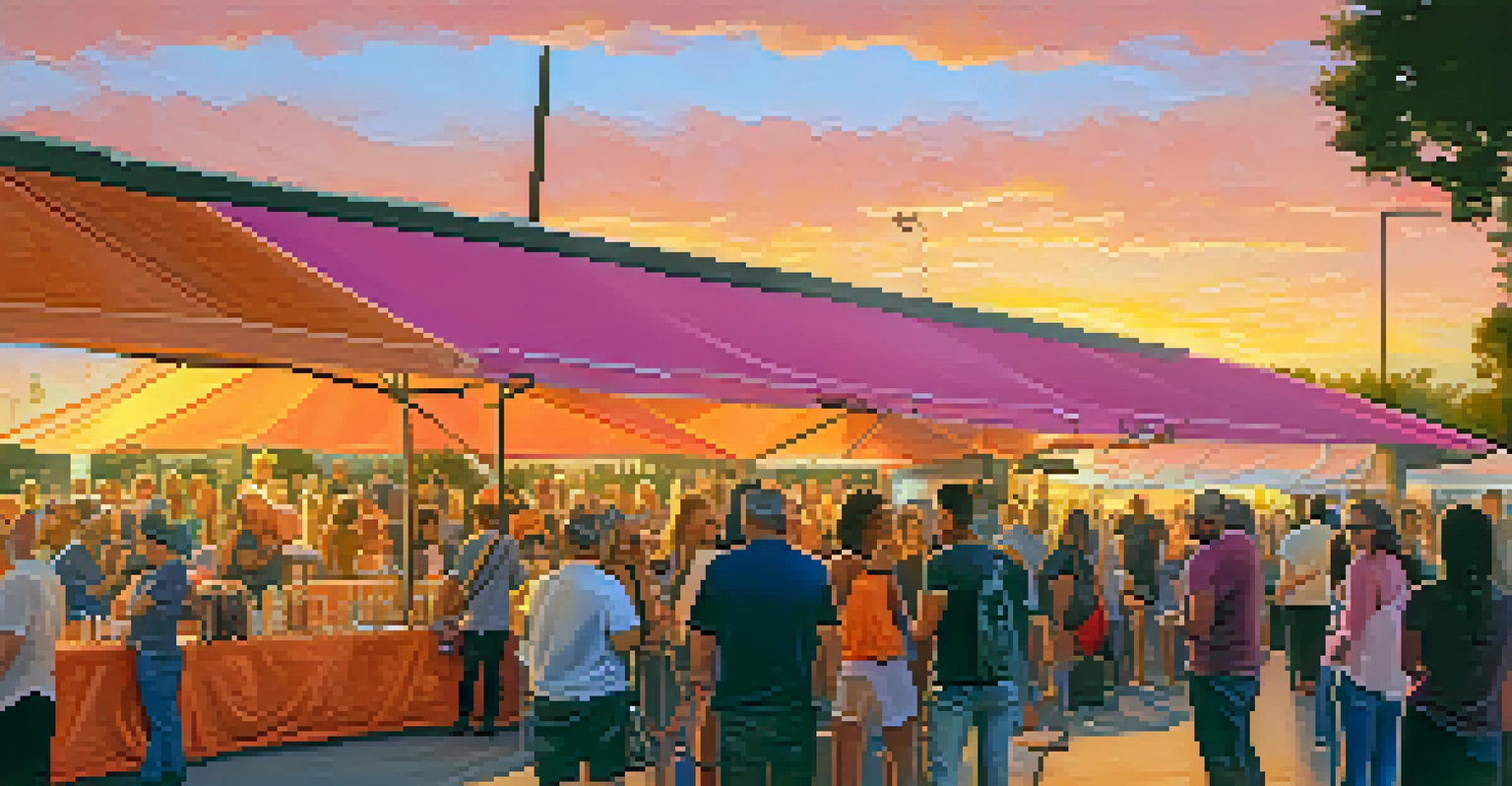 An outdoor art walk event in Sacramento, featuring people enjoying refreshments, art installations, and live music in a sunset setting.
