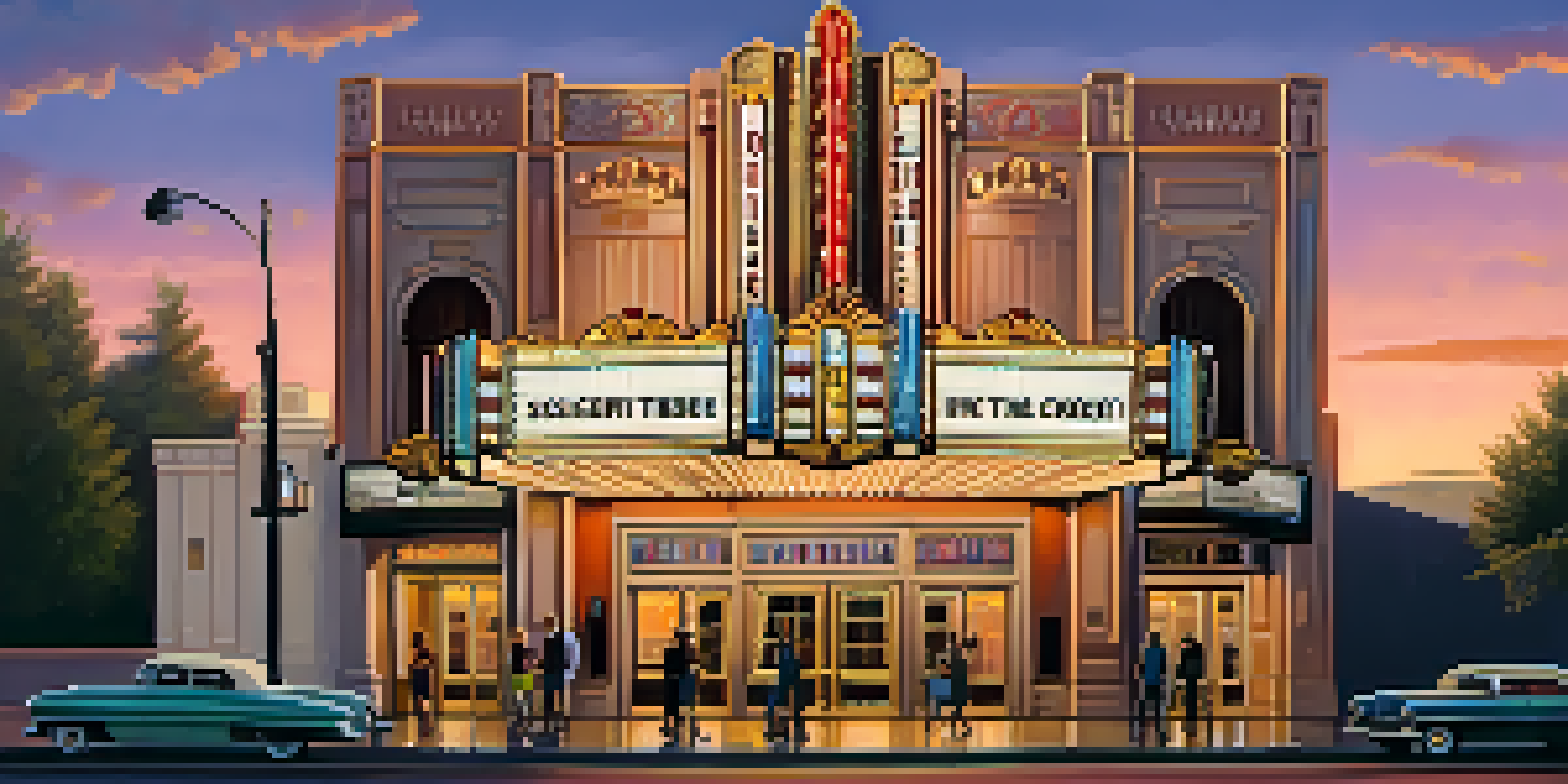 A beautifully lit Crest Theatre in Sacramento at sunset, highlighting its Art Deco design and marquee lights, with people walking by.