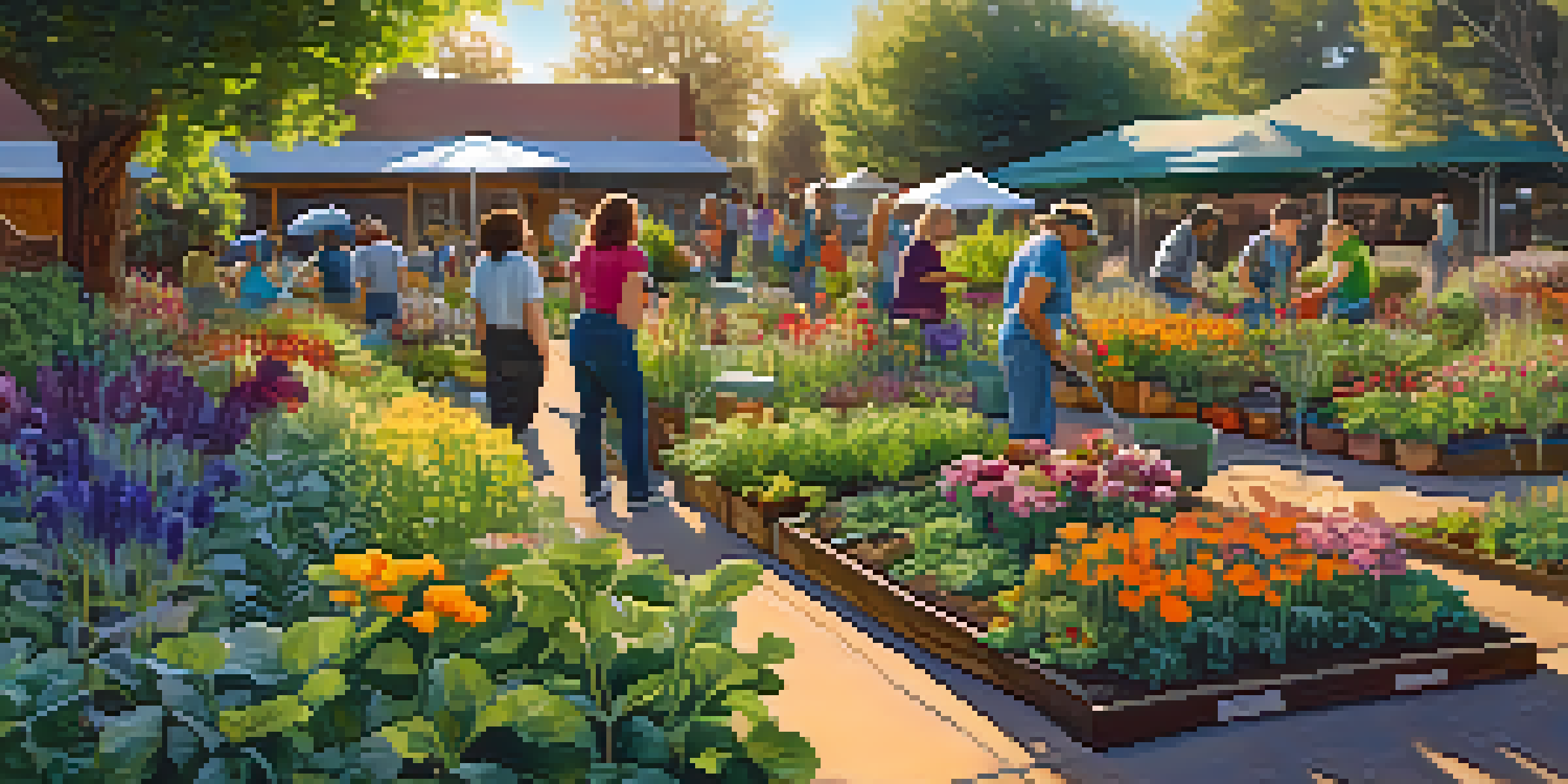 A diverse group of people gardening in a sunny community garden, surrounded by colorful flowers and vegetables.