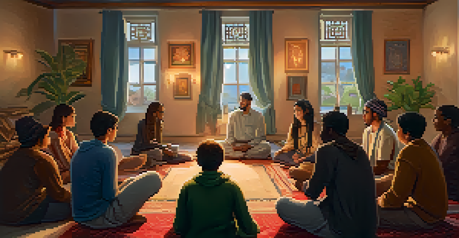 A young individual sharing a story in a cozy room, with attentive listeners from different backgrounds, surrounded by cultural decorations.