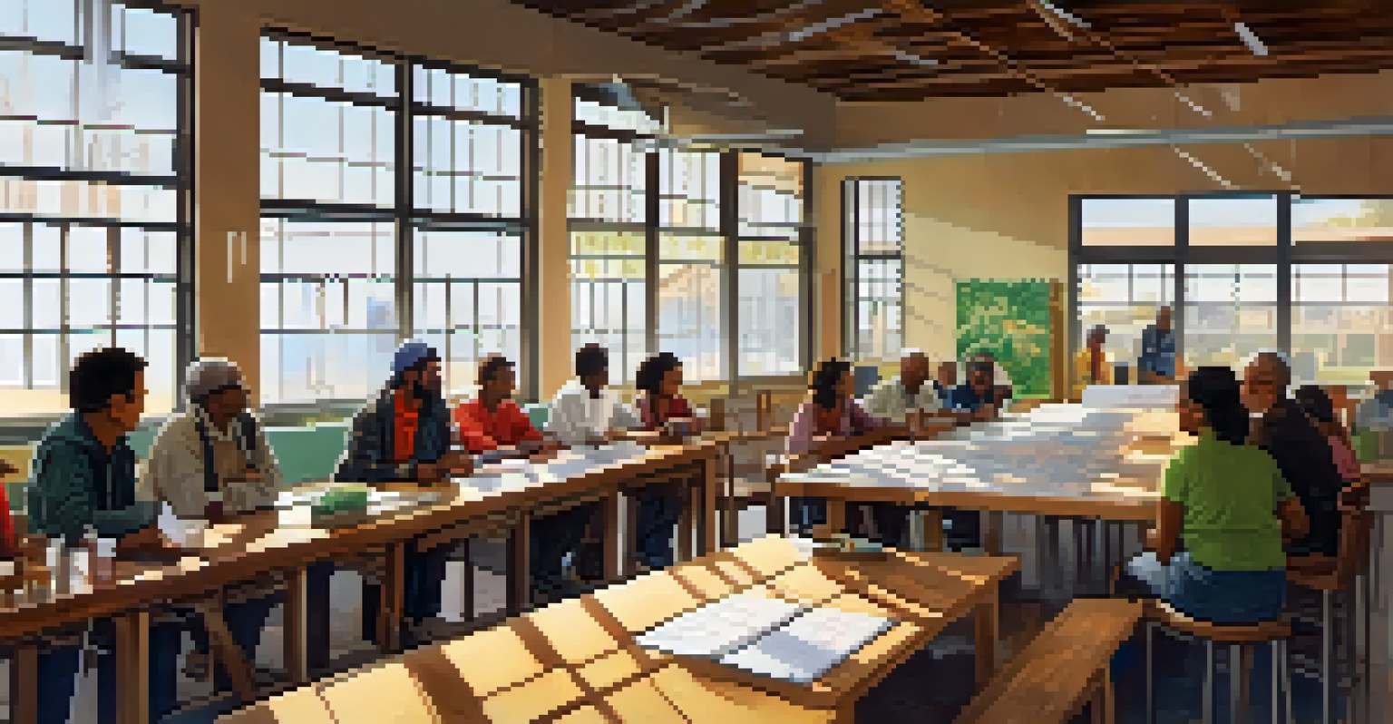 A diverse group of people engaged in a workshop about renewable energy, with charts and solar panel models on display.
