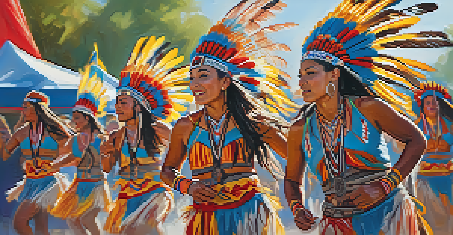 Dancers in traditional Native American attire performing at a cultural festival, surrounded by colorful tents and festive decorations.