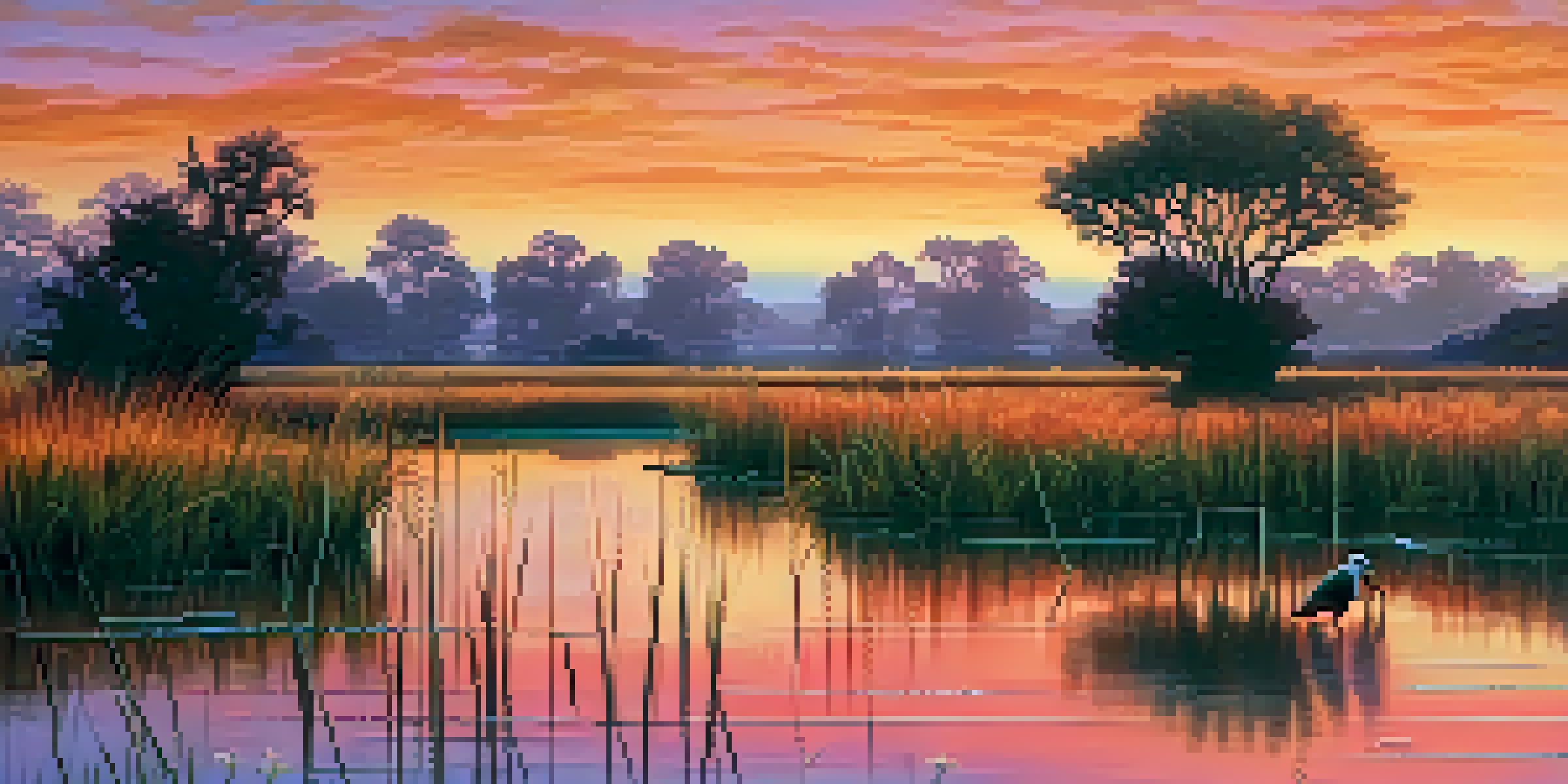 A peaceful wetland in Sacramento at sunset, featuring a California black rail among native plants and colorful sky reflections.