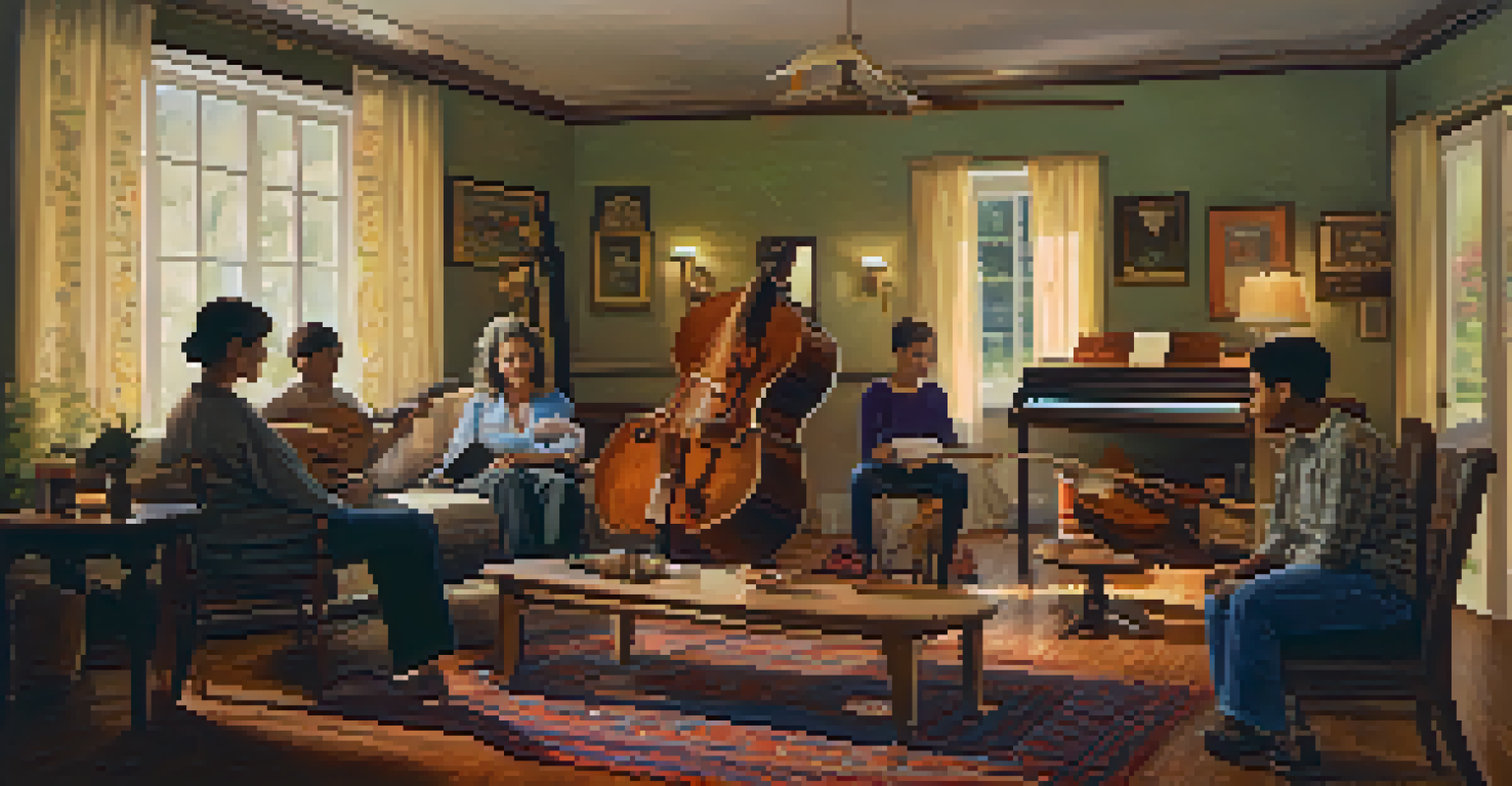 A family gathering in a cozy living room, where different generations share music and stories together.