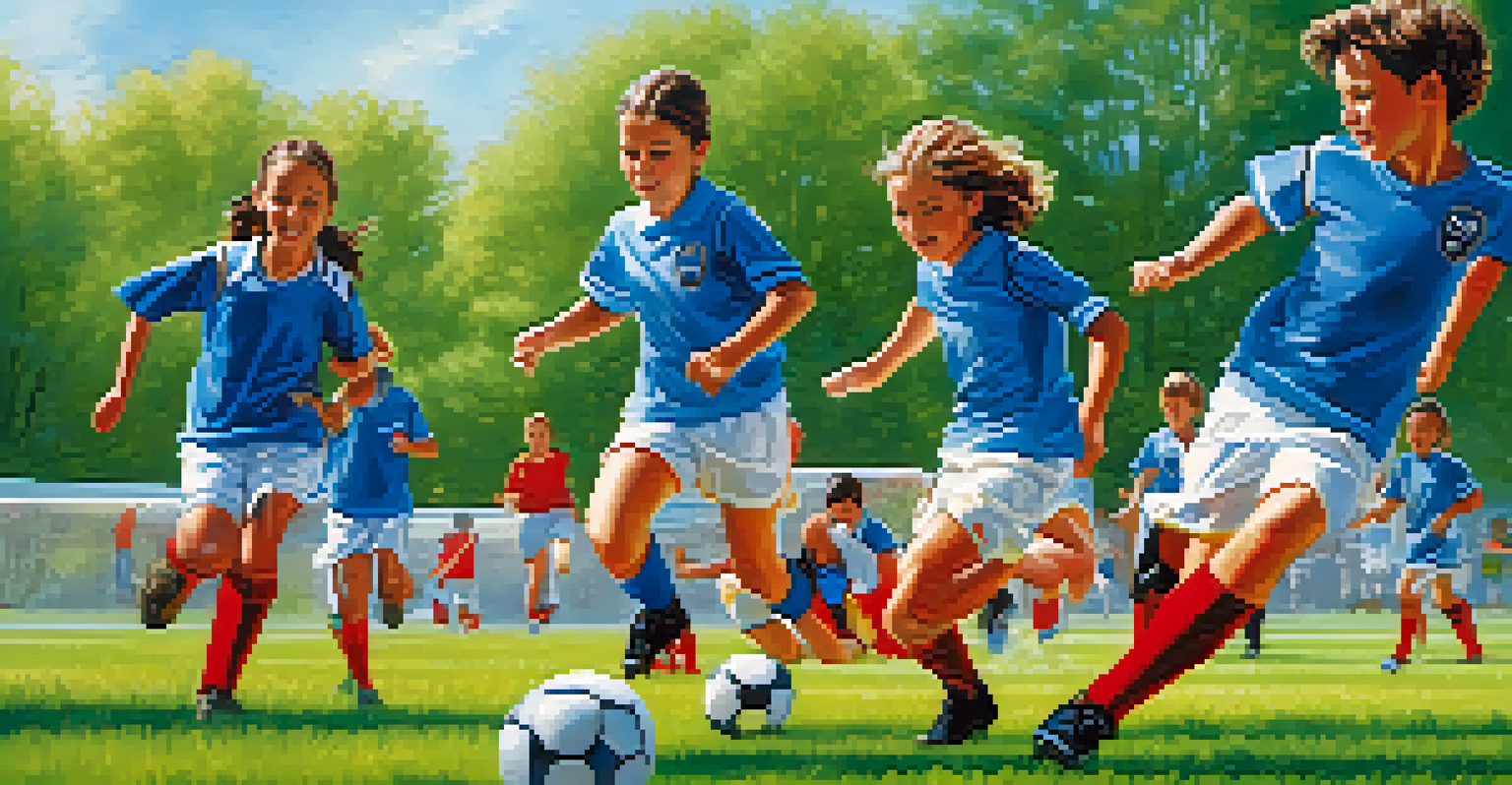 A youth soccer team in colorful jerseys playing a game on a green field with spectators in the background.