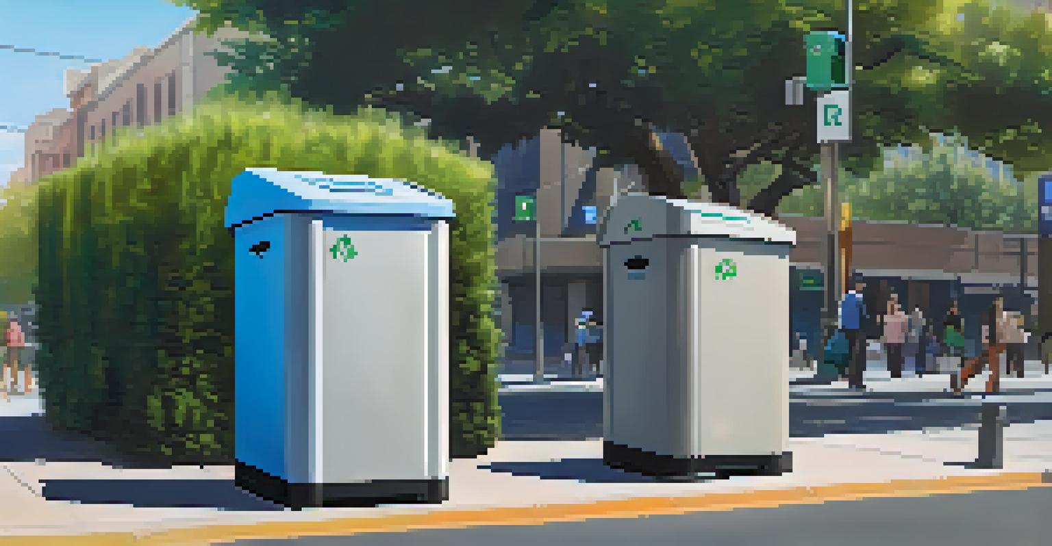 A modern smart waste management bin with sensors on a busy Sacramento street, highlighting recycling options in an urban setting.