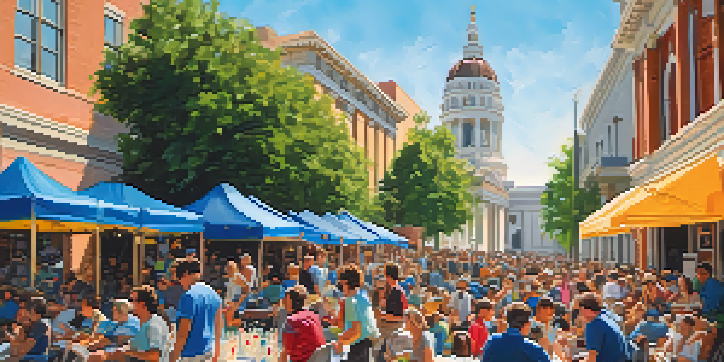 A lively outdoor scene at a film festival with colorful banners and attendees engaging with filmmakers.